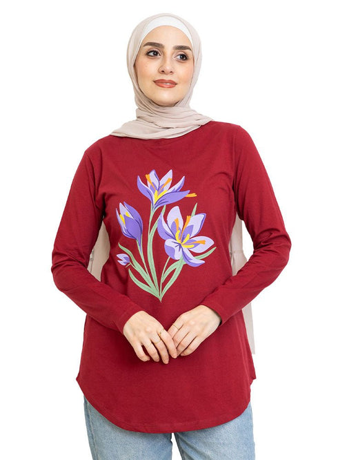 Brick Red Printed Long - Sleeve Design 5 - Khotwh